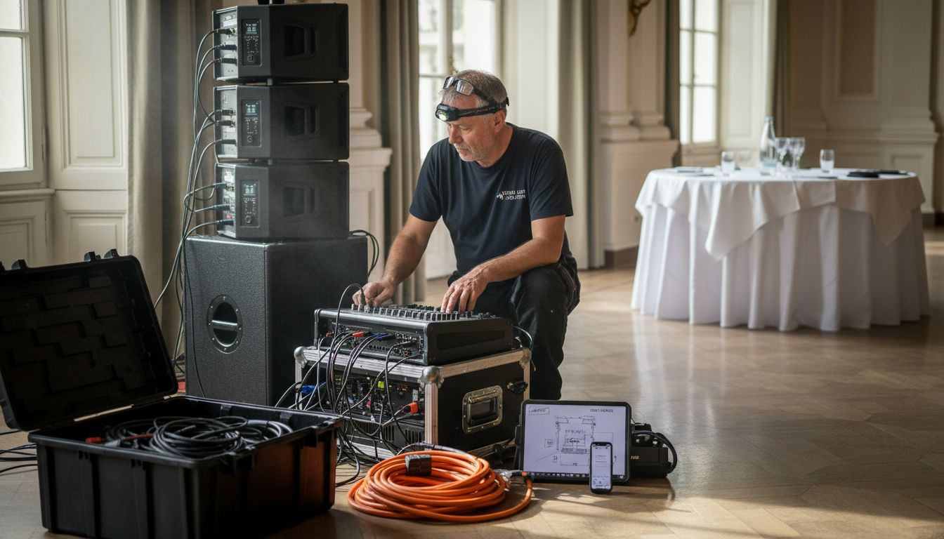 Der Techniker überprüft den Aufbau der DJ-Anlage für die Hochzeit und sorgt dafür, dass alles reibungslos funktioniert.