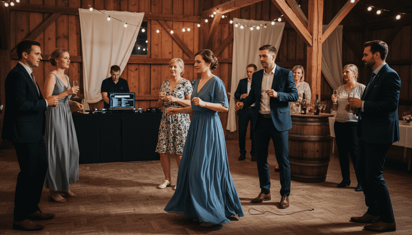 Die Hochzeitsgäste tanzen ausgelassen auf dem alten Scheunenboden und genießen die stimmungsvolle Atmosphäre.