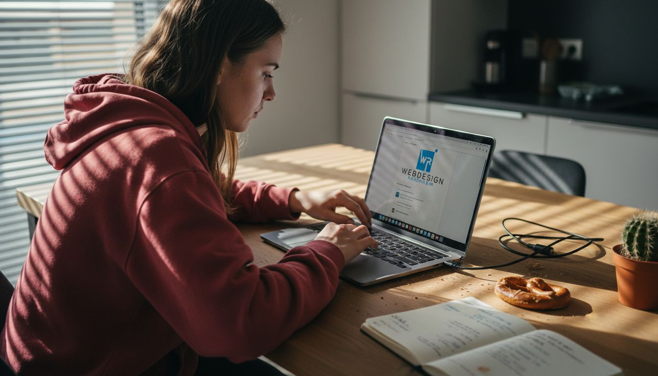 Eine Frau sitzt am Küchentisch und richtet ihre WordPress-Plugins ein.