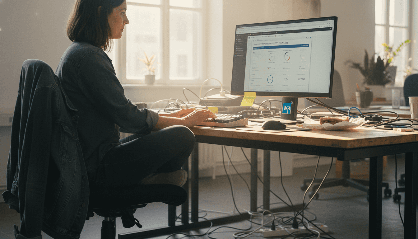 Eine Webentwicklerin arbeitet konzentriert an der Verbesserung einer Website und tüftelt dabei an ihrem Schreibtisch an neuen Lösungen.