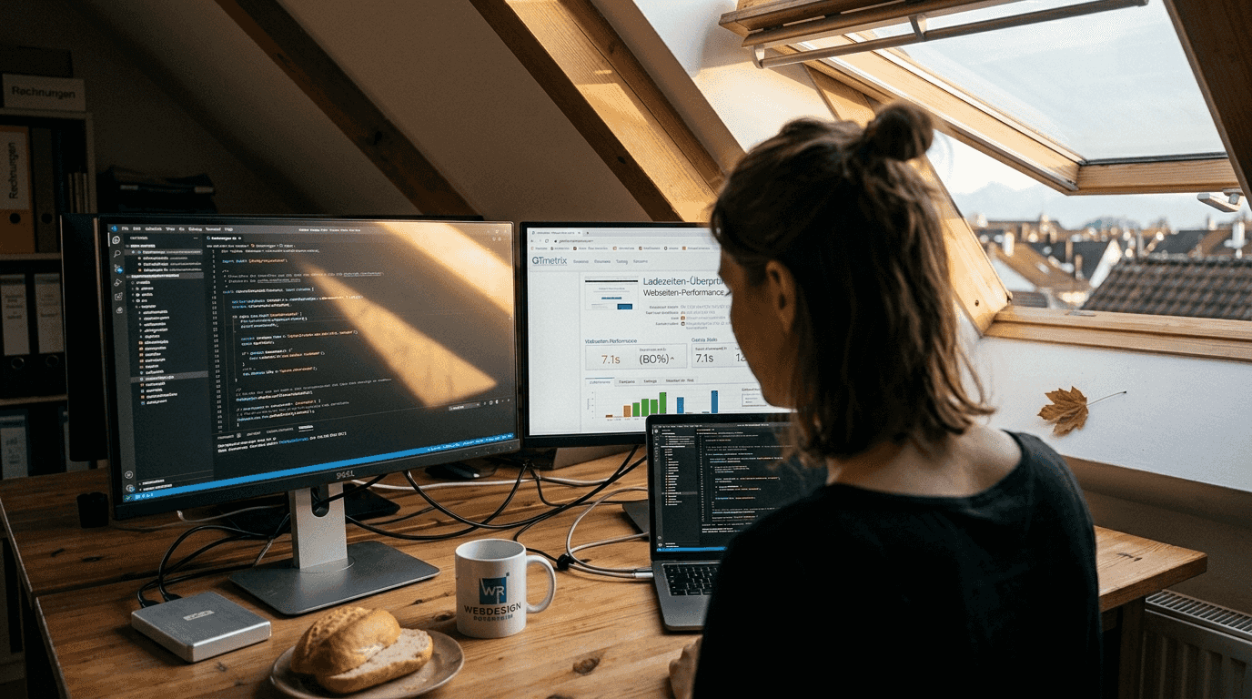 Eine Frau testet am Schreibtisch, wie schnell Webseiten laden.
