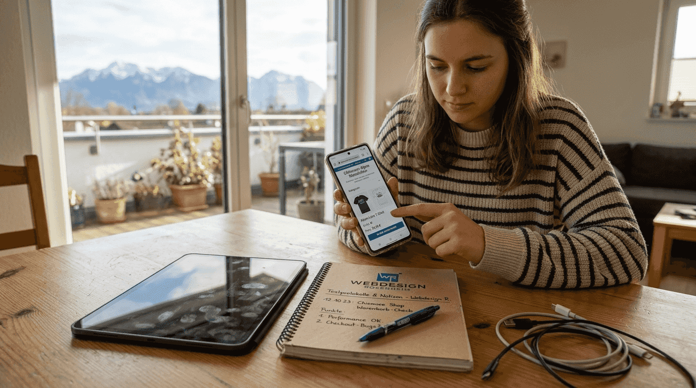 Eine Frau prüft das Design eines Onlineshops direkt auf ihrem Smartphone.