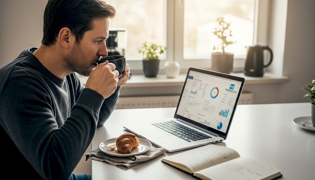 Ein Mann analysiert auf seinem Laptop die Statistiken seiner Website.