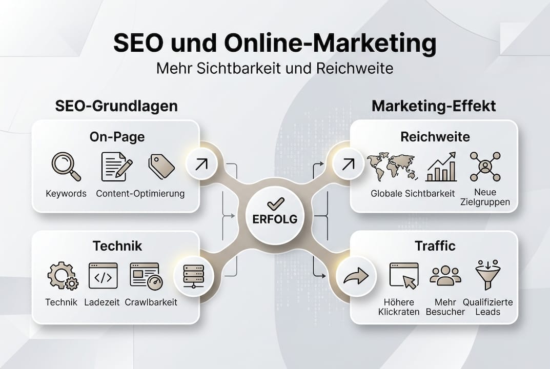 Die Infografik vermittelt anschaulich die wichtigsten Grundlagen rund um SEO und Online-Marketing.