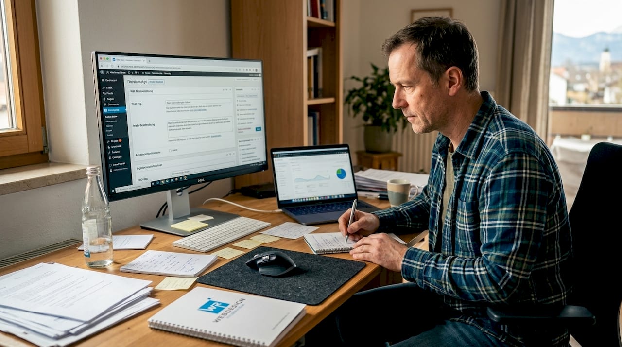 Ein Mann feilt am Schreibtisch an den Titeln seiner Webseite, um sie zu verbessern.
