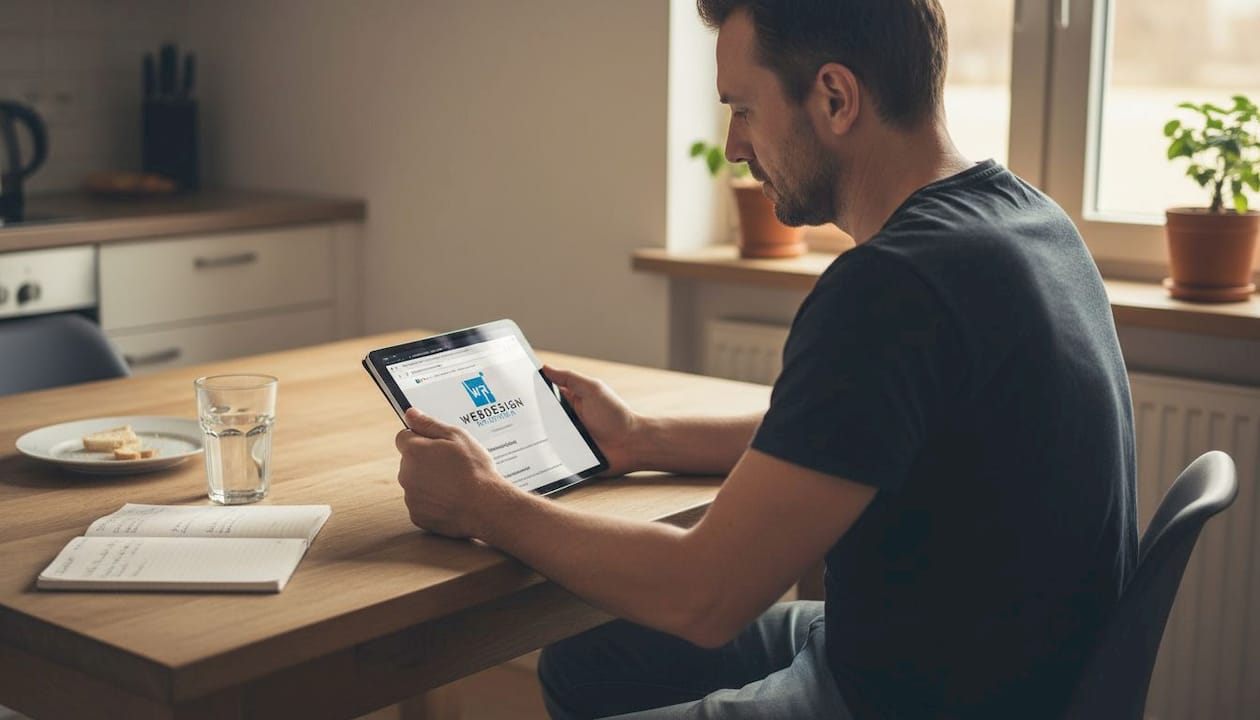 Ein Mann sitzt am Küchentisch und informiert sich darüber, wie man eine WordPress-Seite einrichtet.
