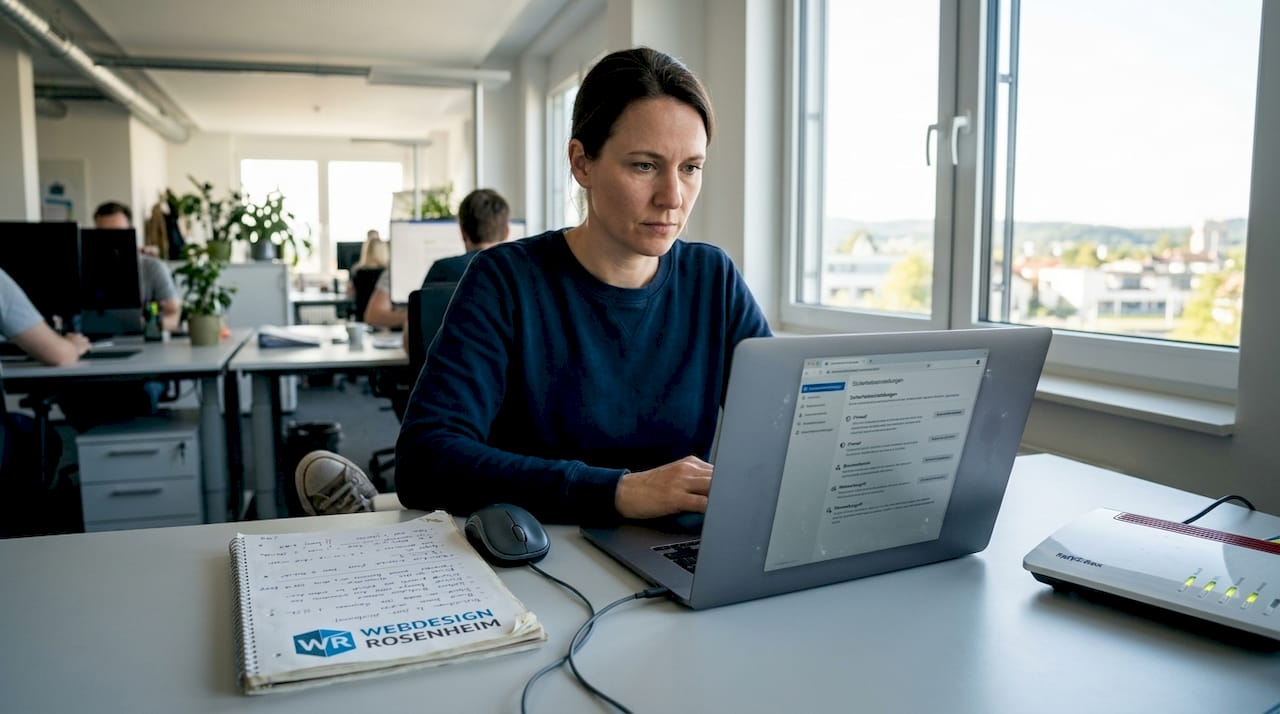 Eine Frau überprüft auf ihrem Laptop, ob das neueste Sicherheitsupdate installiert ist.