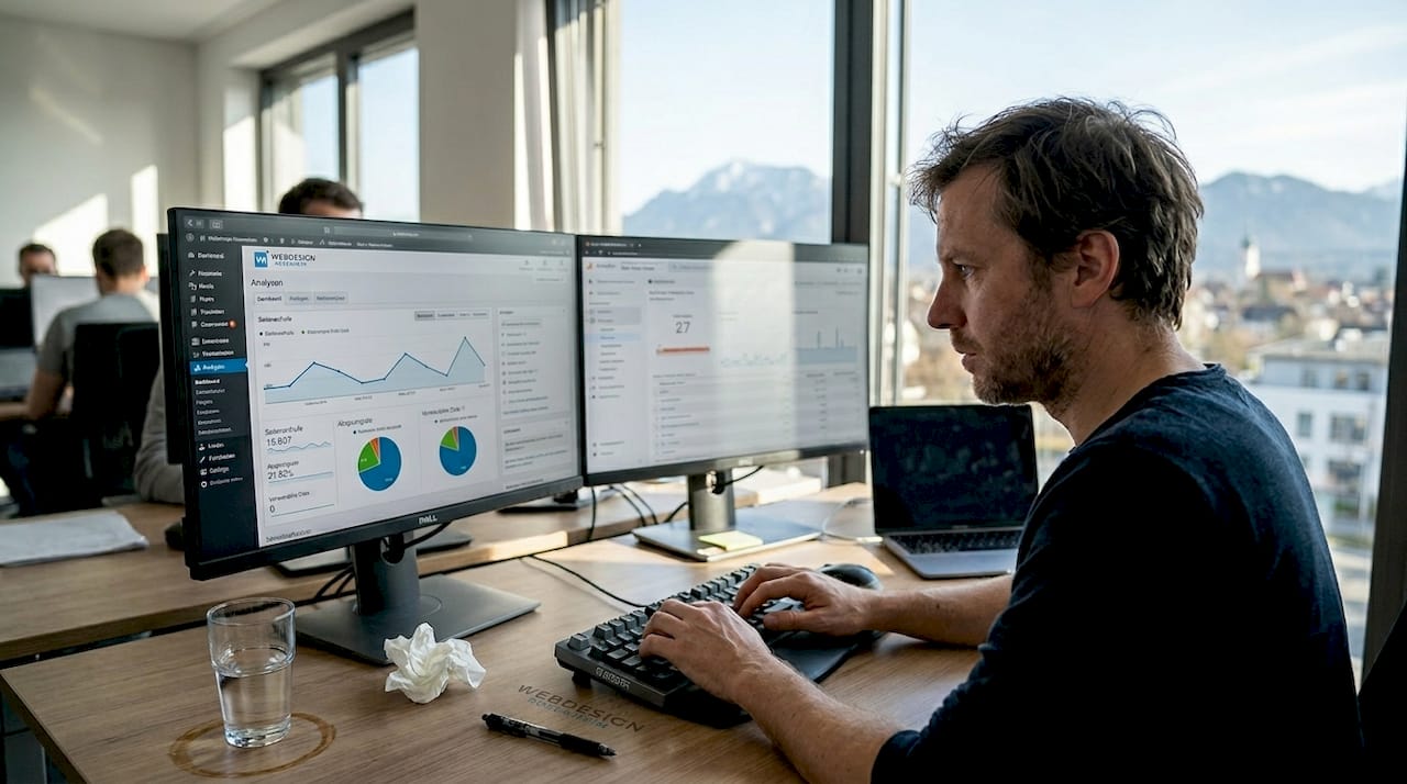 Ein Mitarbeiter wertet im Büro die Performance der Landingpage aus.