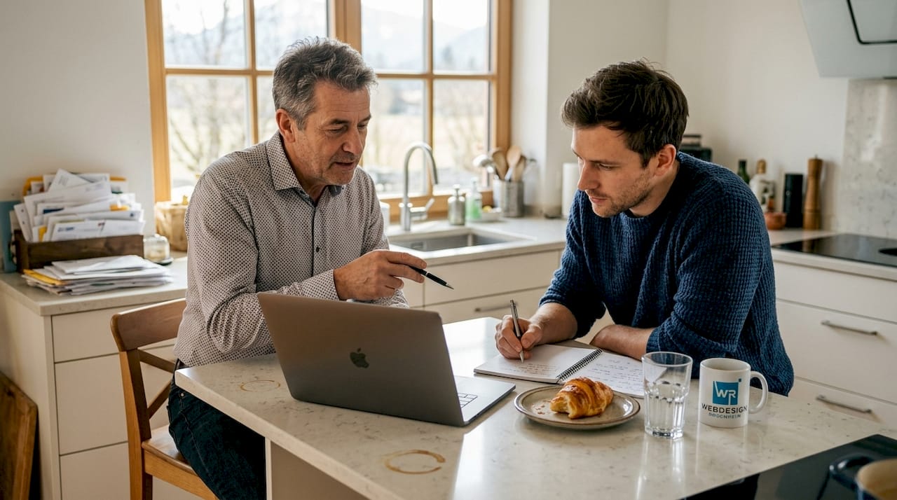 Kunde und Webdesigner besprechen gemeinsam das Layout der neuen Website.