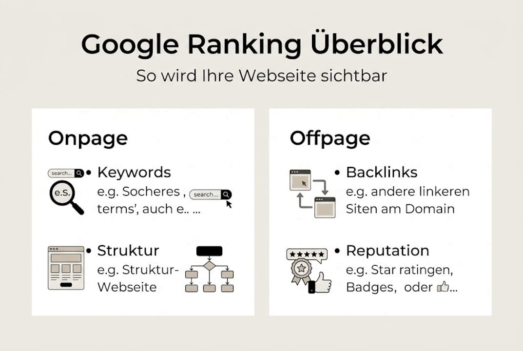 Übersichtliche Infografik zu den wichtigsten Ranking-Faktoren und zur aktuellen Sichtbarkeit