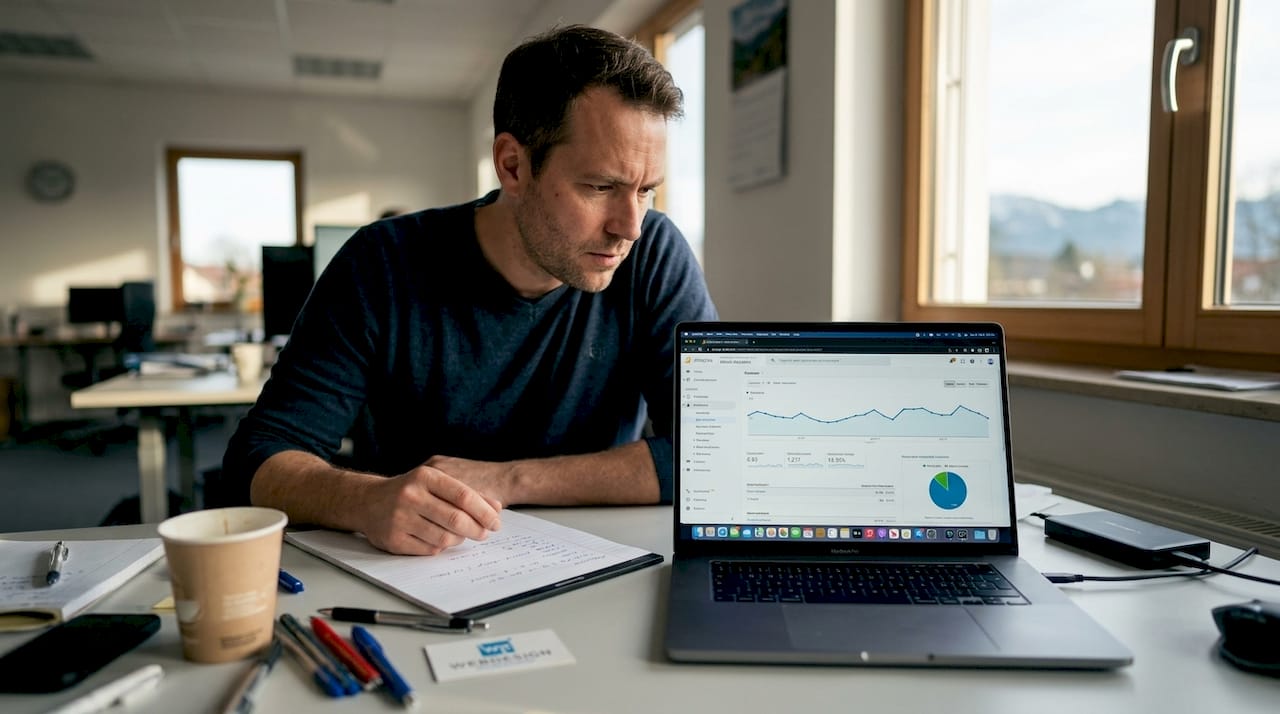 Ein Webentwickler prüft in seinem Büro die wichtigsten SEO-Aspekte.