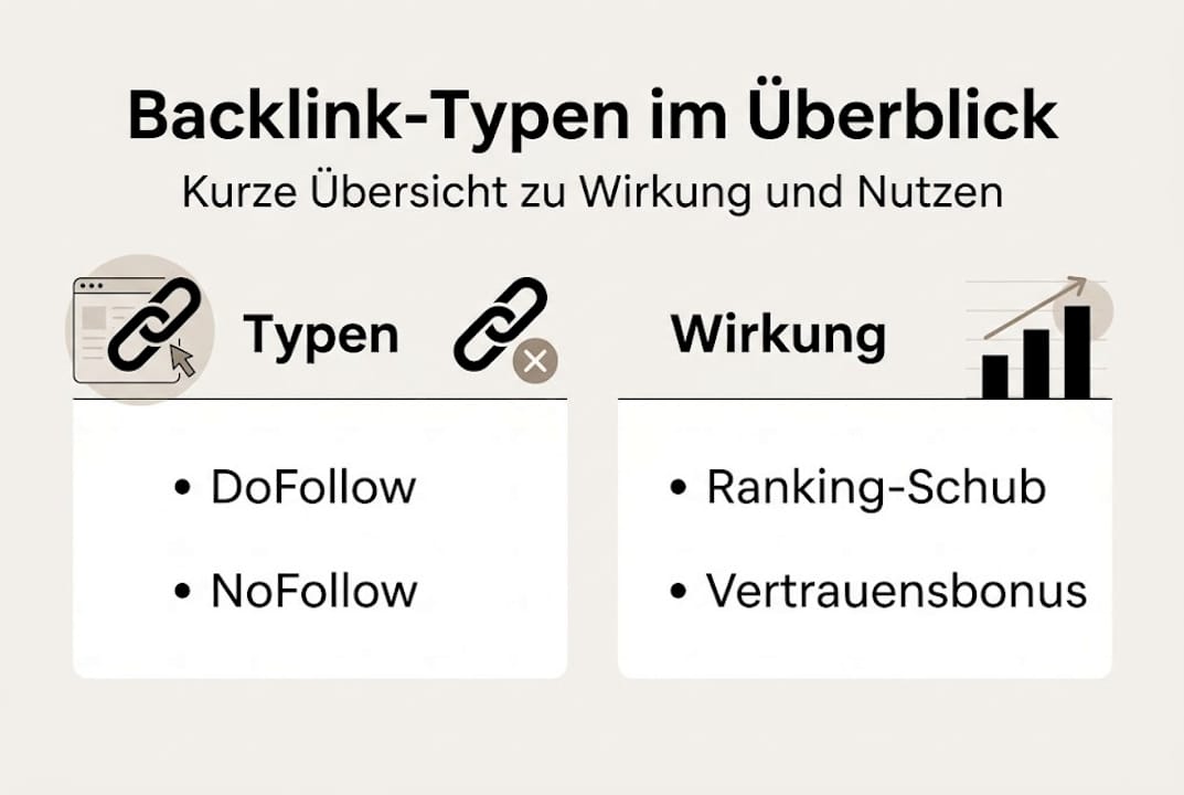Diese Infografik gibt einen Überblick über verschiedene Backlink-Arten und erklärt, wie sie sich auf die Sichtbarkeit einer Website auswirken.