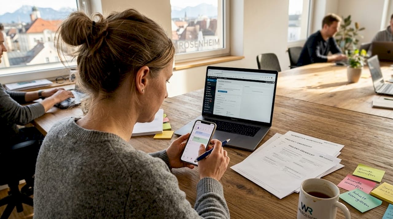 Eine Frau trägt einen Termin zur Wartung ihrer Website in ihren Kalender ein.