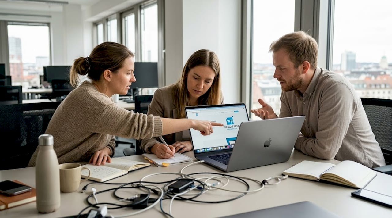 Im Büro tauscht sich das Team über die Ergebnisse des Website-Audits aus.