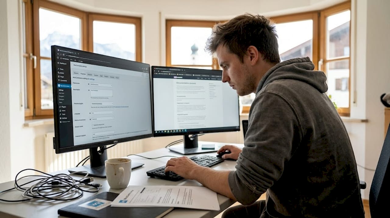Ein Webdesigner richtet gerade den WooCommerce-Arbeitsbereich ein.