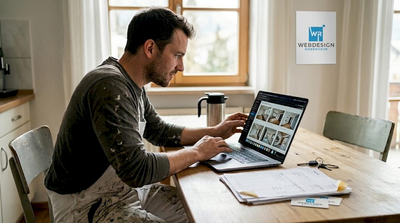 Ein Handwerker schaut sich auf seinem Tablet Fotos vom aktuellen Projekt an.