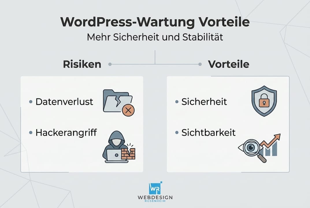 Die Infografik veranschaulicht, welche Vorteile und mögliche Risiken bei der regelmäßigen WordPress-Pflege entstehen.