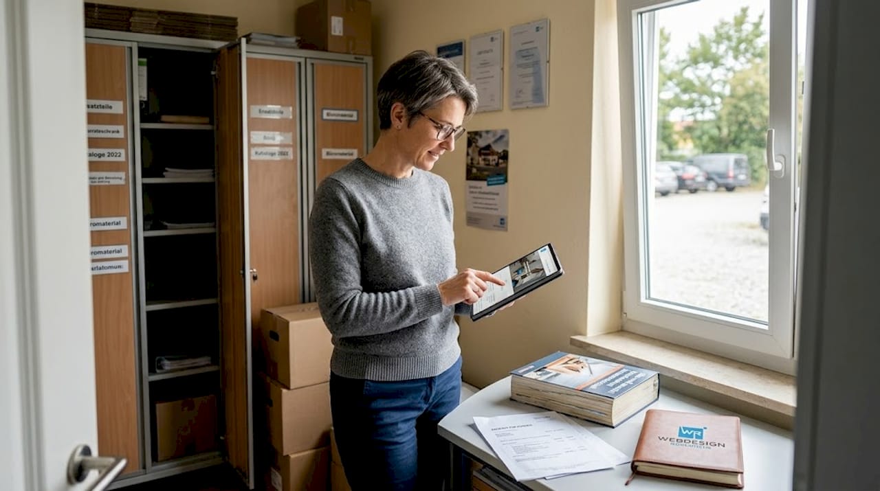 Die Chefin eines Handwerksbetriebs nimmt die Firmenhomepage auf dem Tablet genau unter die Lupe.