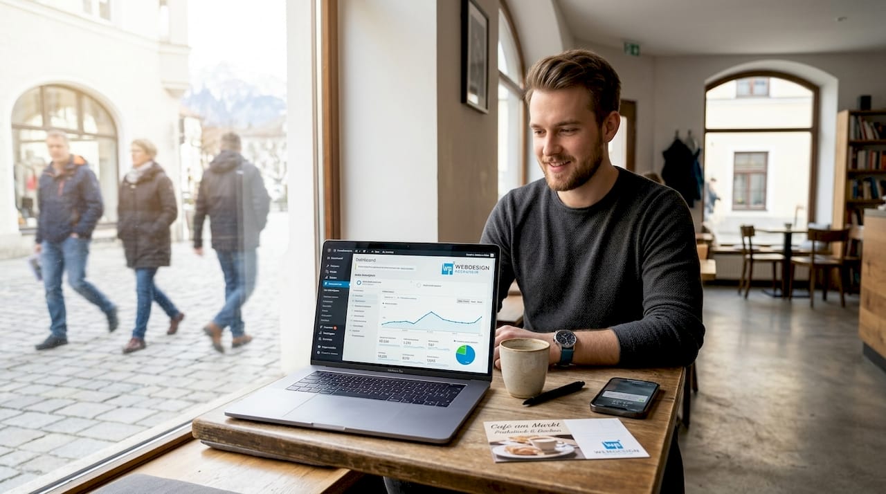 Der Inhaber des Geschäfts aktualisiert sein Google-Profil gemütlich im eigenen Café.