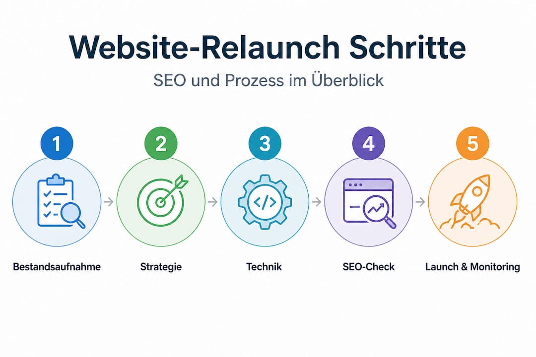 Die Infografik veranschaulicht die einzelnen Schritte, die bei einem Website-Relaunch zu beachten sind.