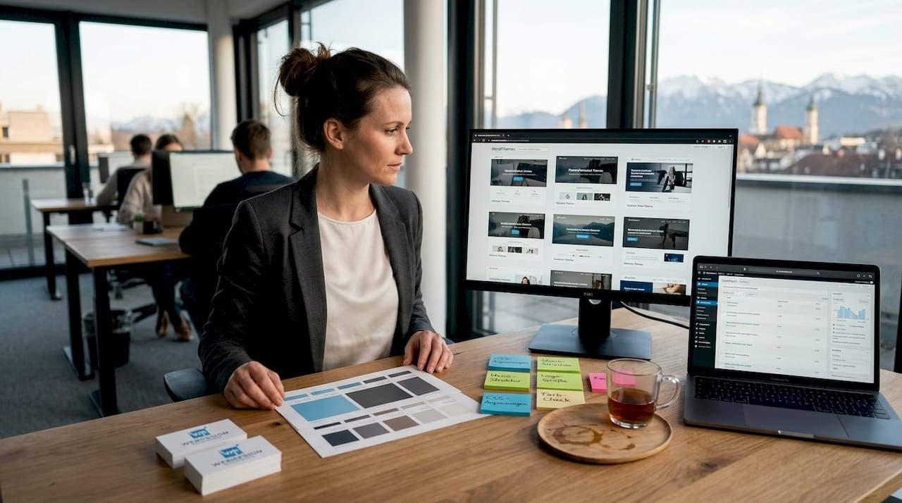 Am Arbeitsplatz nimmt eine Webentwicklerin verschiedene WordPress-Themes genau unter die Lupe.