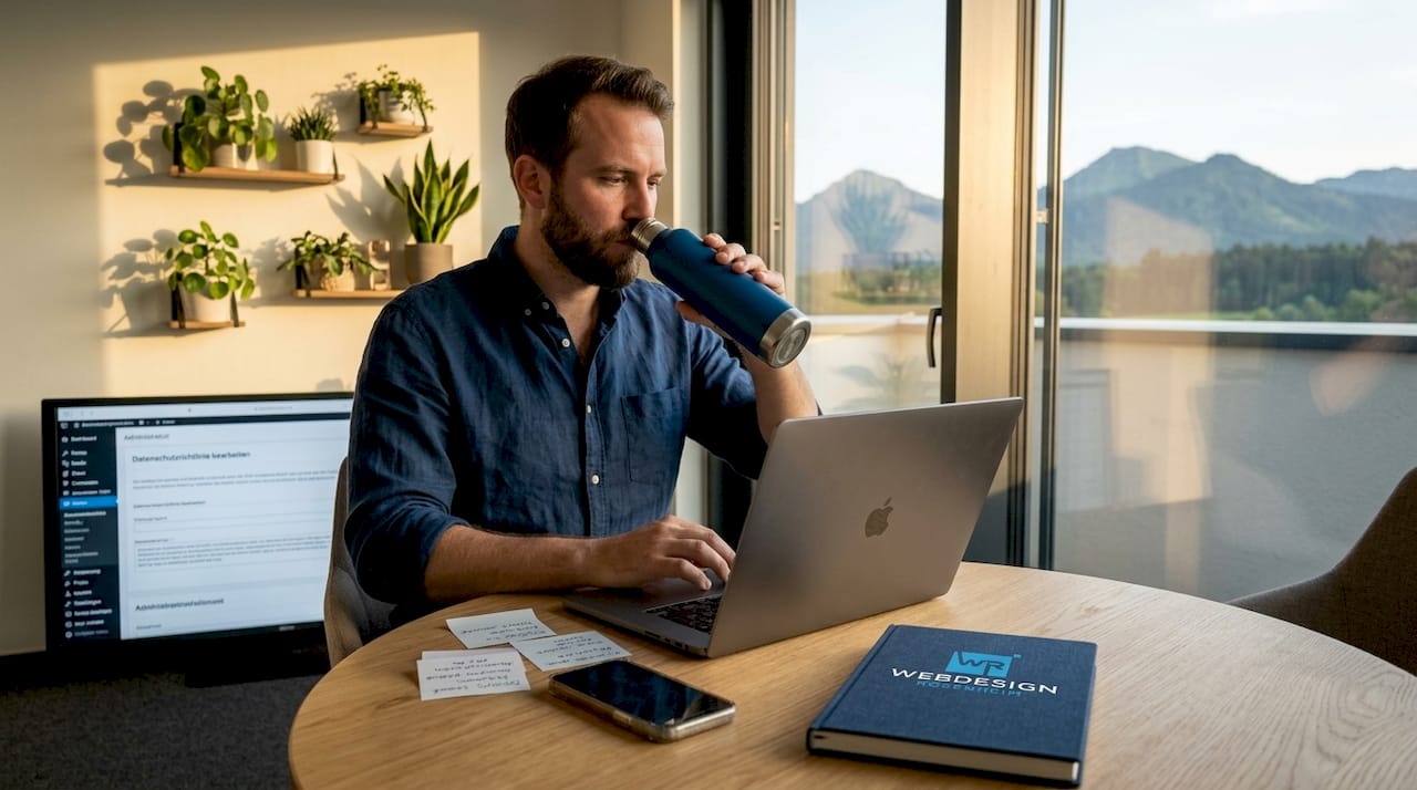 Ein Webberater prüft die Datenschutzerklärung auf seinem Laptop.