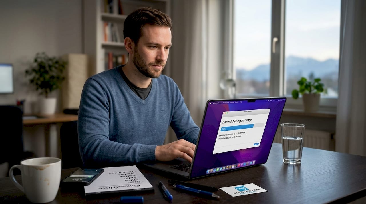 Ein Mann sichert gerade seine Daten auf dem Laptop.