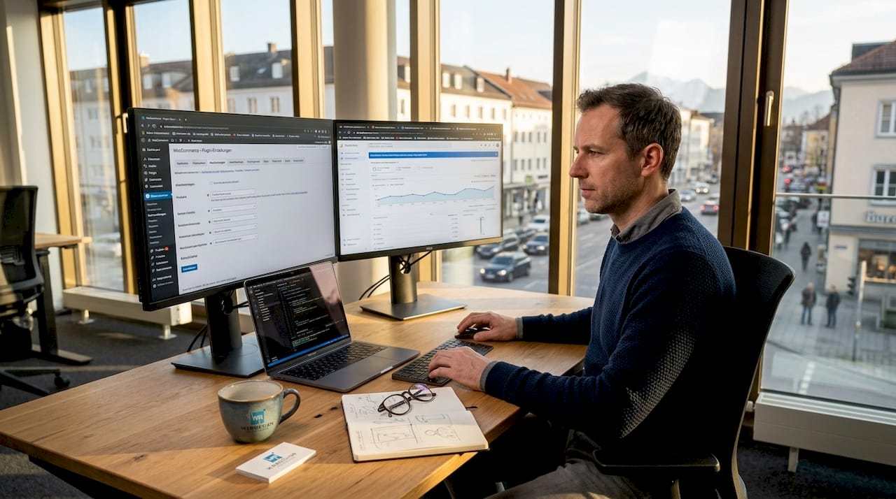 Ein Webentwickler richtet im Coworking-Space WooCommerce ein.