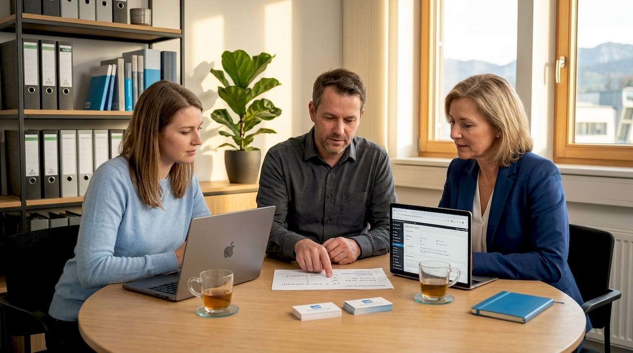 Im Besprechungsraum sitzt ein kleines Team zusammen und bespricht die nächsten Schritte fürs Patchmanagement.