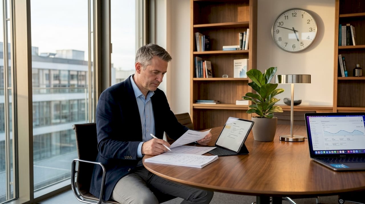 Ein Geschäftsmann prüft im Büro die Vertrauenswürdigkeit verschiedener Unternehmen anhand von relevanten Kriterien.