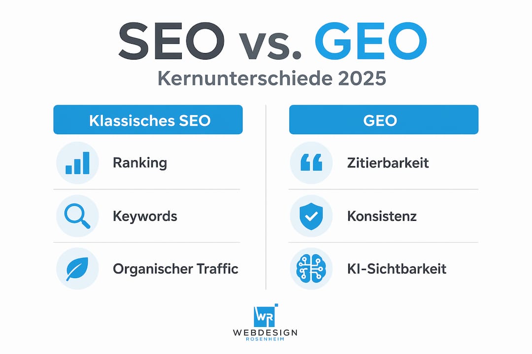 Infografik zeigt den Unterschied zwischen traditionellem SEO und GEO im Jahr 2025 auf