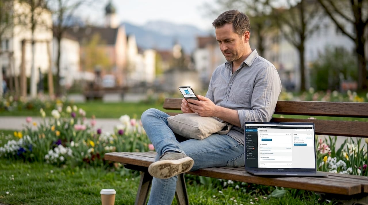 Ein Mann sitzt im Park und surft entspannt mit seinem Smartphone im Internet.