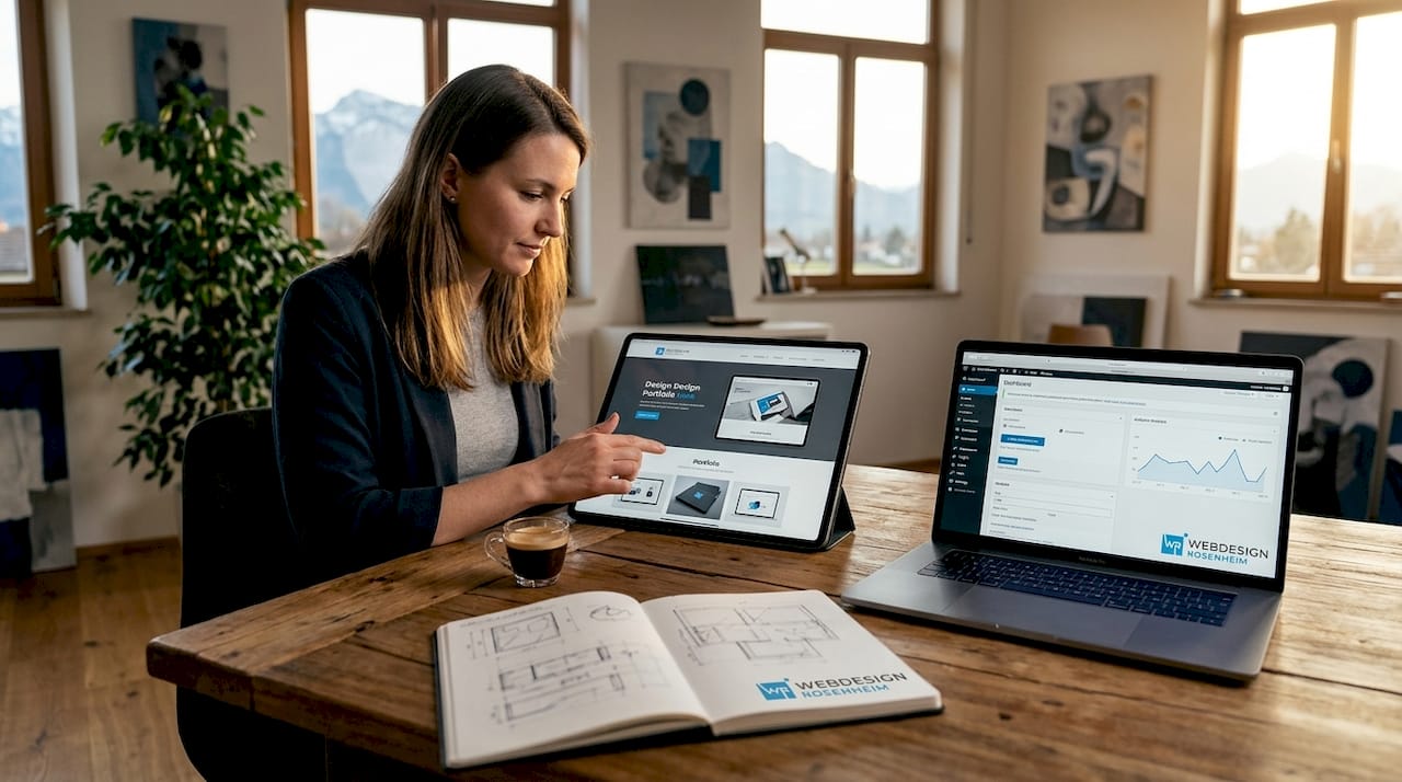 Eine Frau präsentiert ihre Portfolioseite auf einem Tablet.