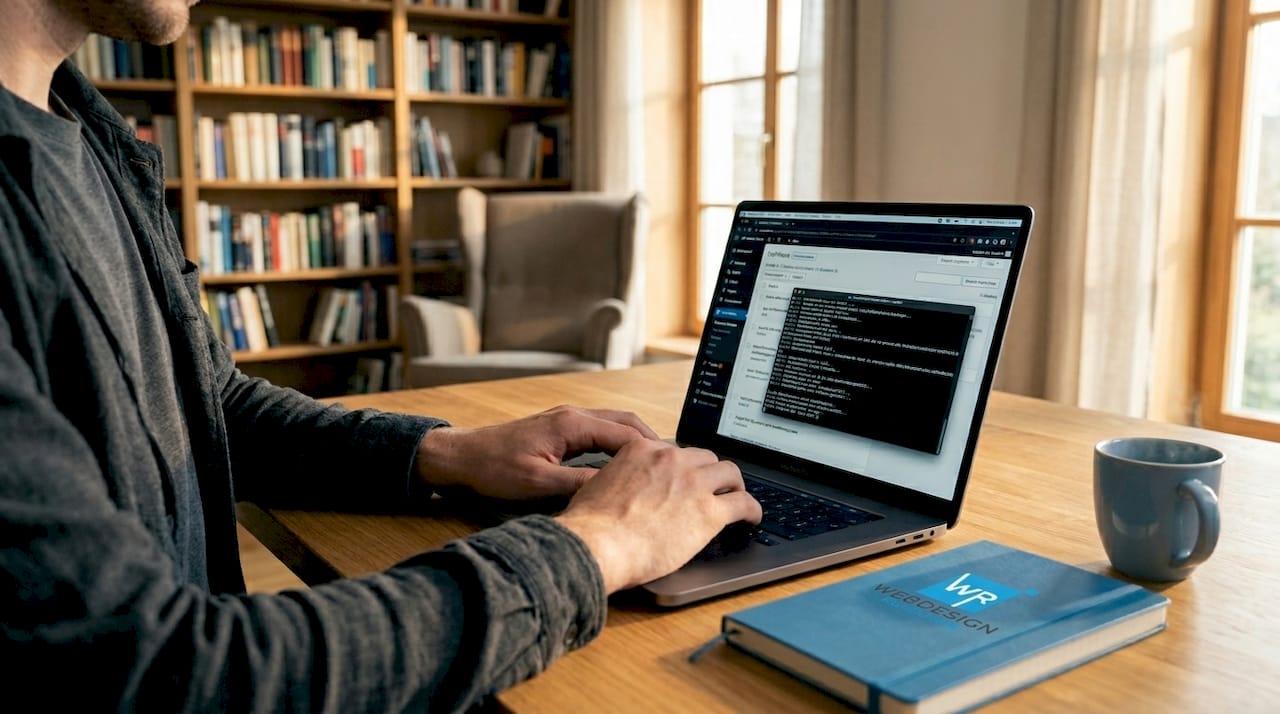 Hände tippen eilig auf der Tastatur, während die Webseite nicht erreichbar ist.