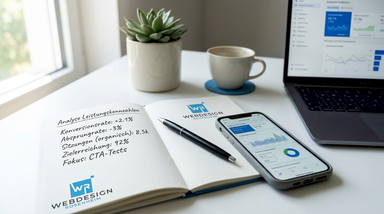 Auf dem Schreibtisch liegen ein Notizbuch und ein Tablet, auf dem die wichtigsten Kennzahlen zur Conversion übersichtlich dargestellt werden.