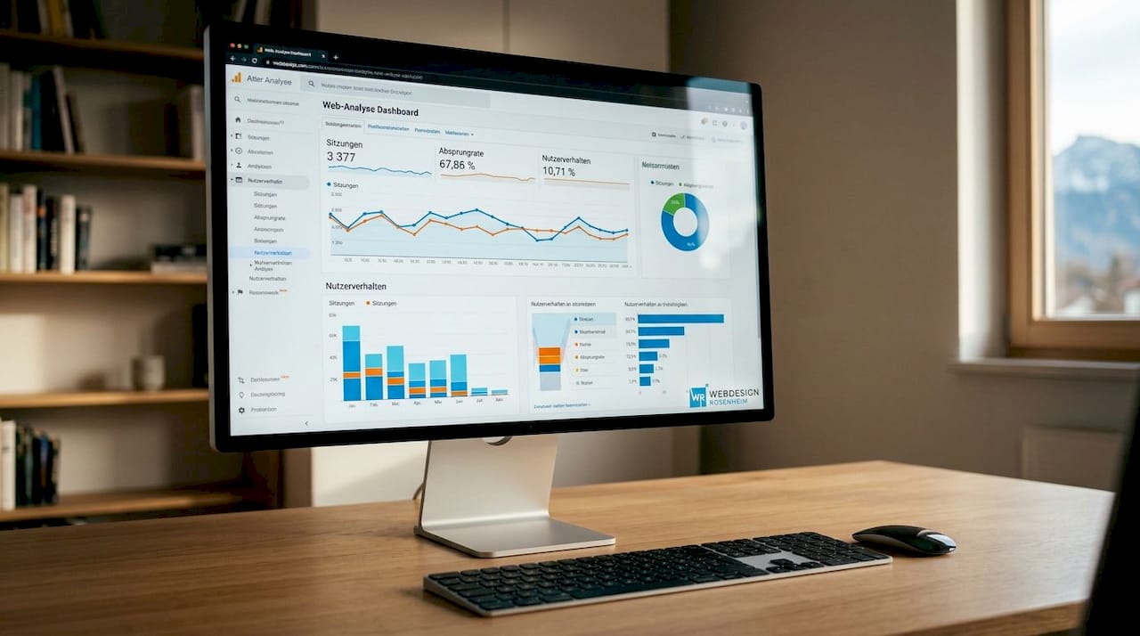 Auf dem Monitor sind aktuelle Webanalyse-Daten zu sehen.