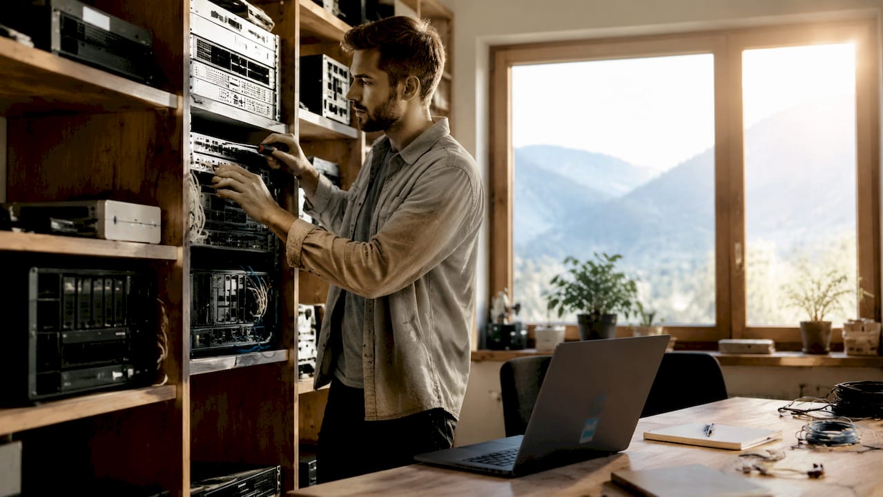 Ein Webentwickler nimmt Einstellungen an der Serverhardware vor.
