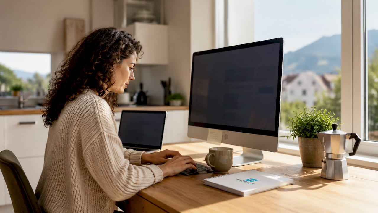 Eine Mitarbeiterin arbeitet im Büro an der Verbesserung der Firmenwebsite für den lokalen Markt.
