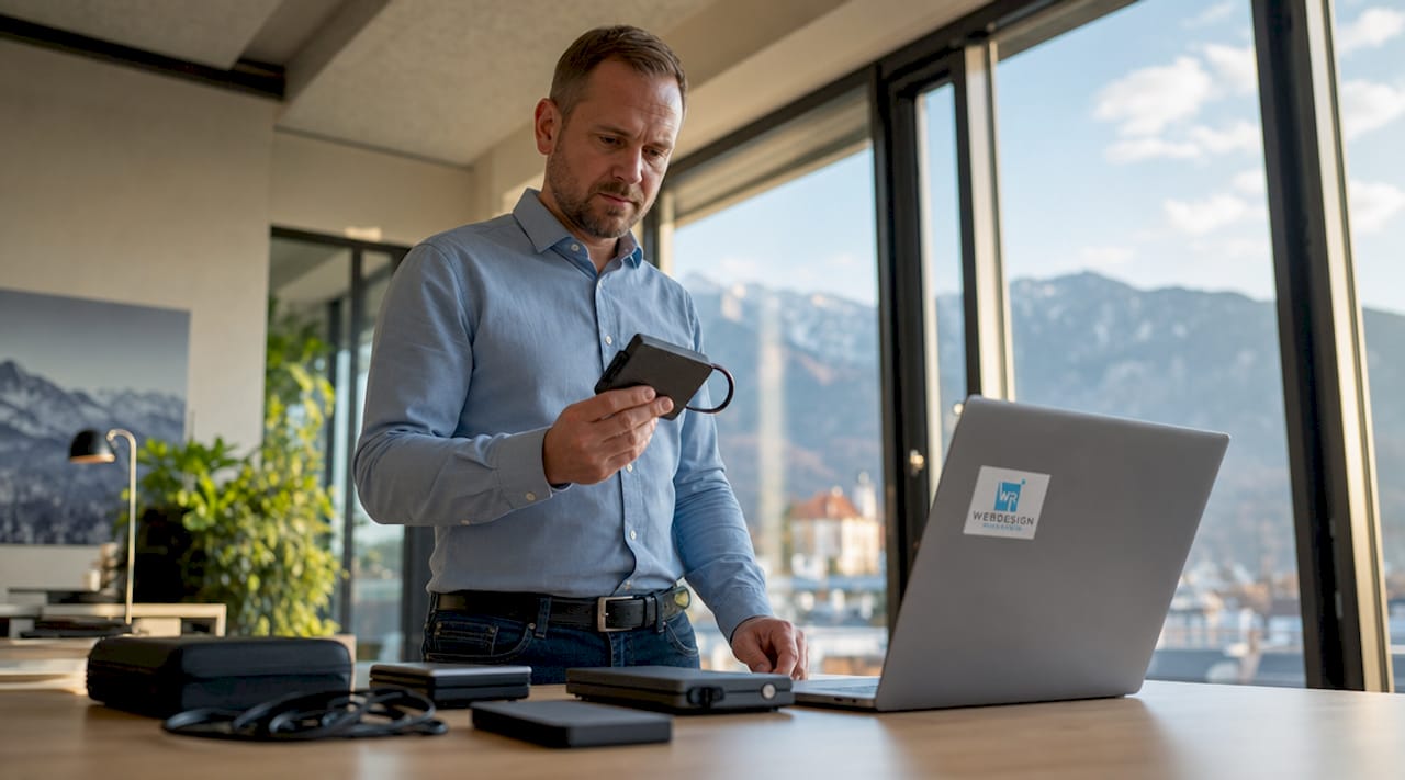 Im Technikraum überprüft ein IT-Fachmann die Sicherungsmedien auf ihre Funktionstüchtigkeit.