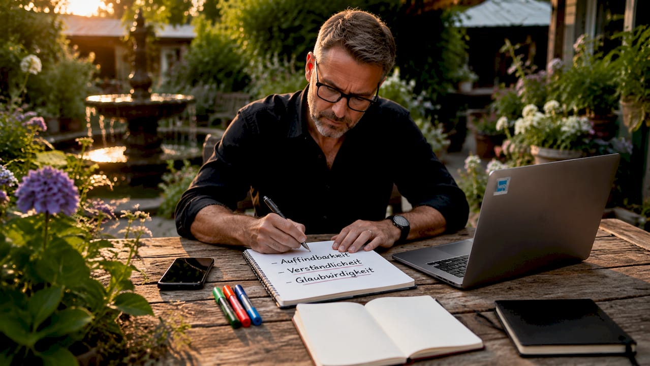 Mit Stift und Papier entstehen Notizen rund um das Thema Online-Sichtbarkeit.