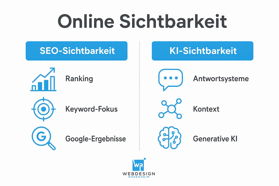 Vergleichende Infografik: Wie unterscheiden sich Sichtbarkeit durch klassische SEO und Künstliche Intelligenz?
