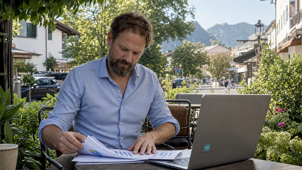 Ein Mann sitzt im Café und schaut sich auf seinem Smartphone eine Webseite an.