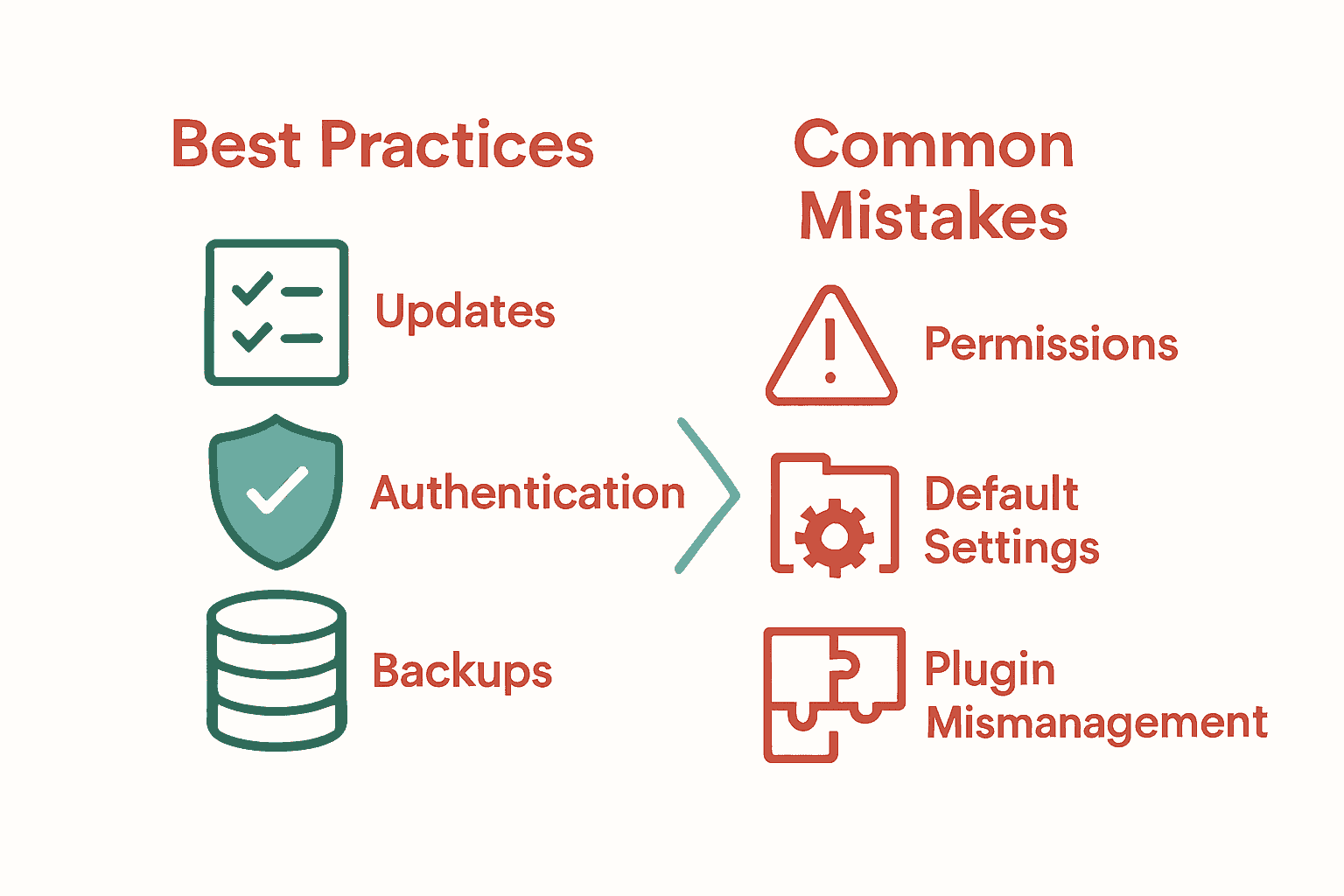Infographic comparing best practices and common mistakes in WordPress configuration using icons and simplified visuals.