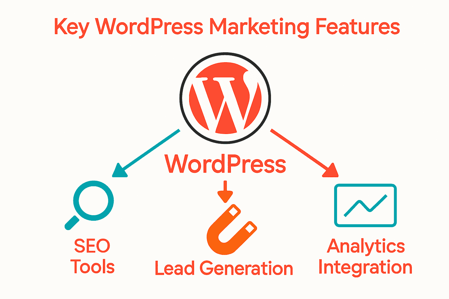 Infographic showing WordPress connecting to SEO, lead generation, and analytics tools