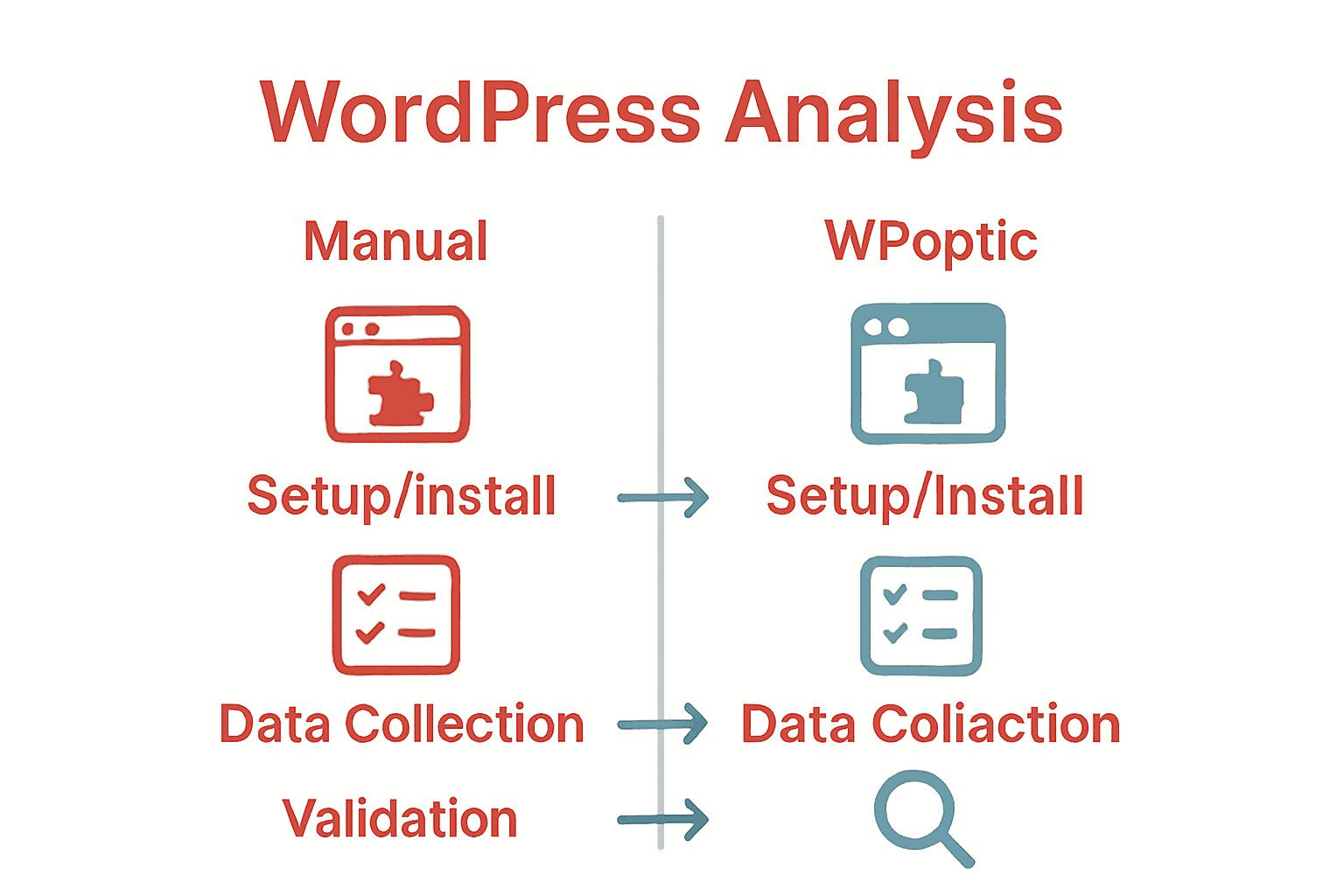 Infographic comparing manual and automatic WordPress site analysis methods