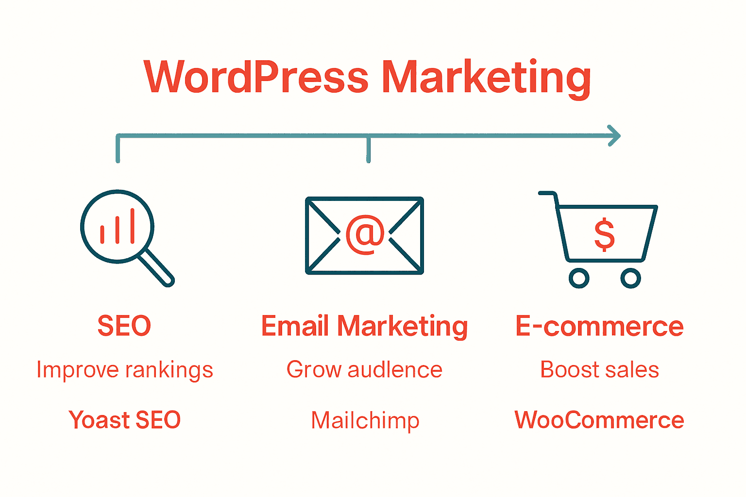 Infographic showing top plugin categories for WordPress marketing: SEO, Email, E-commerce.