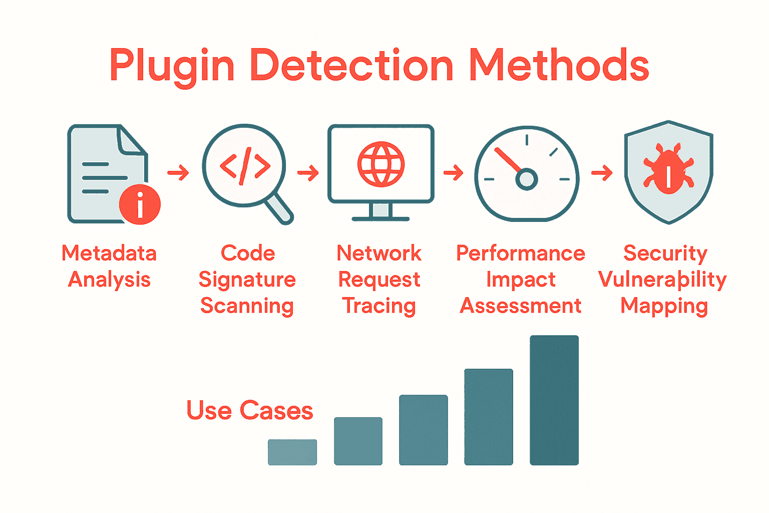 Infographic comparing five WordPress plugin detection methods by characteristic and use case
