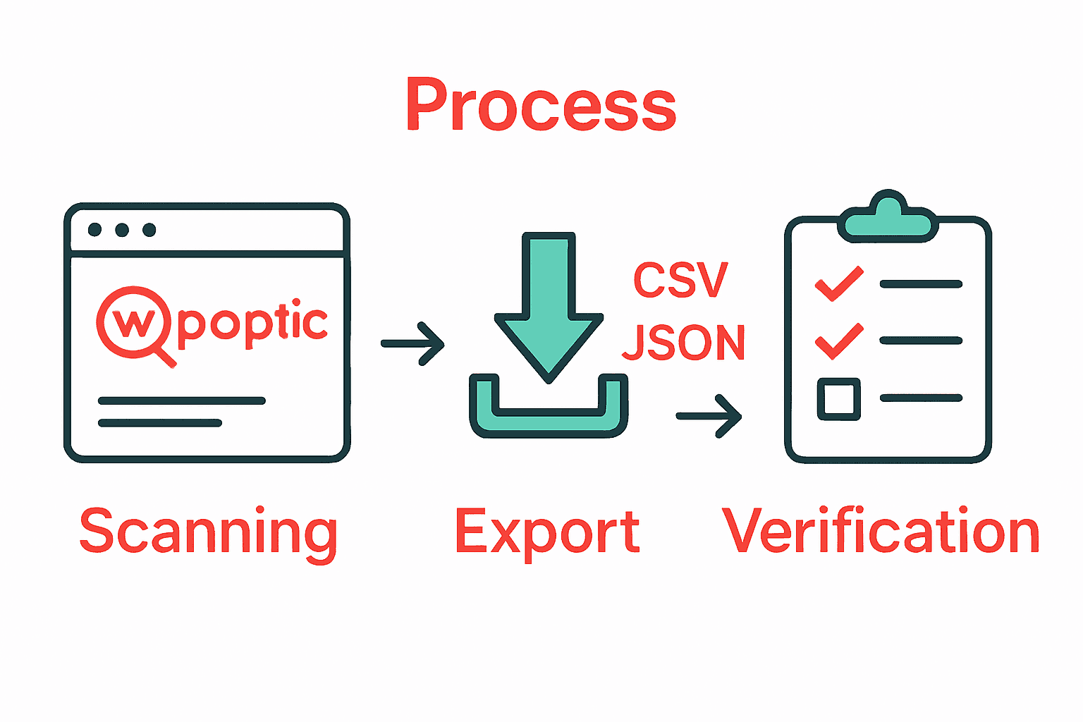 Infographic showing plugin detection, export, and verification steps using WPoptic.