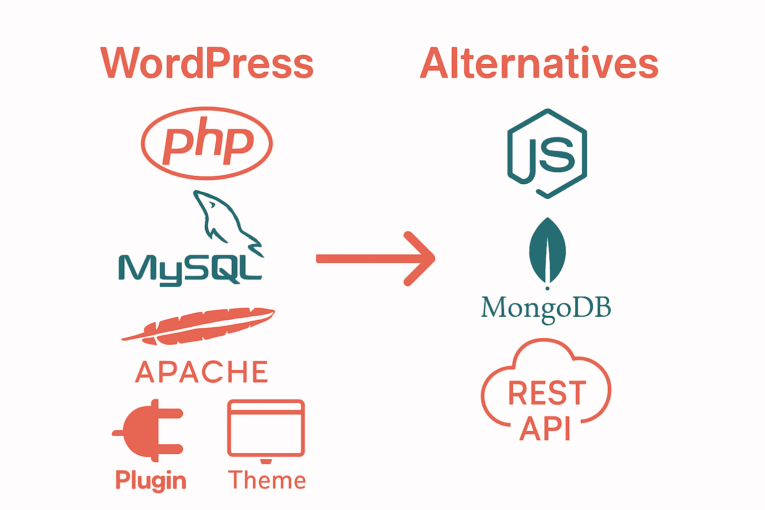 Infographic comparing WordPress tech stack vs alternatives with logos and icons.