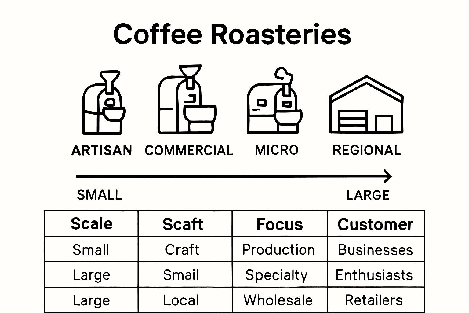 Infographic comparing types of coffee roasteries by scale and focus.